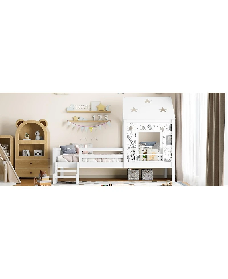 Streamdale Furniture Twin House Bed with Stairs, Bookcase, Blackboard & Roof