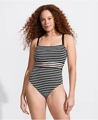 Lands' End Women's Crochet Square Neck High Leg One Piece Swimsuit