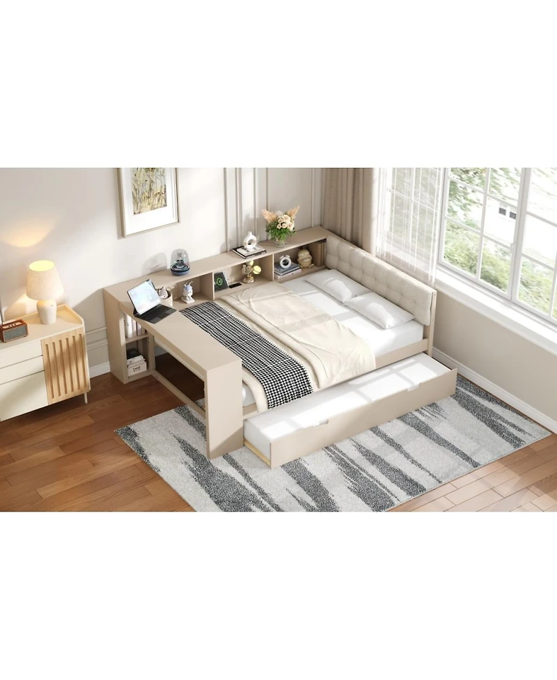 Streamdale Furniture Wood Full Platform Bed w/Storage, Trundle, Charging Station, Upholstered Headboard