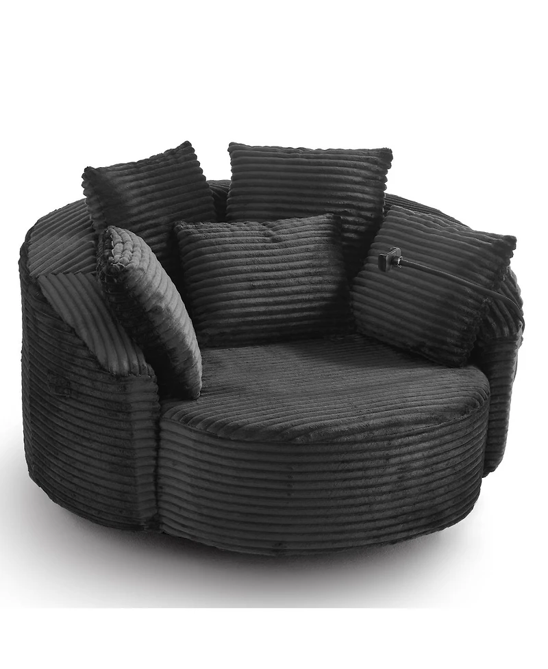 Streamdale Furniture360° Swivel Corduroy Accent Barrel Chair with 5 Pillows & Phone Holder, Black