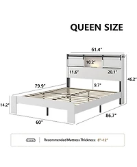Streamdale Furniture Queen metal bed frame with charging station, no box spring, no noise