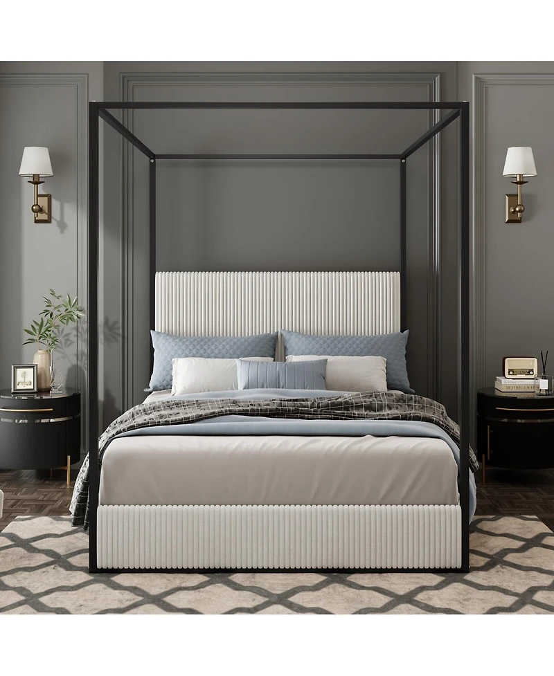 Streamdale Furniture Modern Luxury Metal Canopy Bed with Corduroy Headboard, King, White