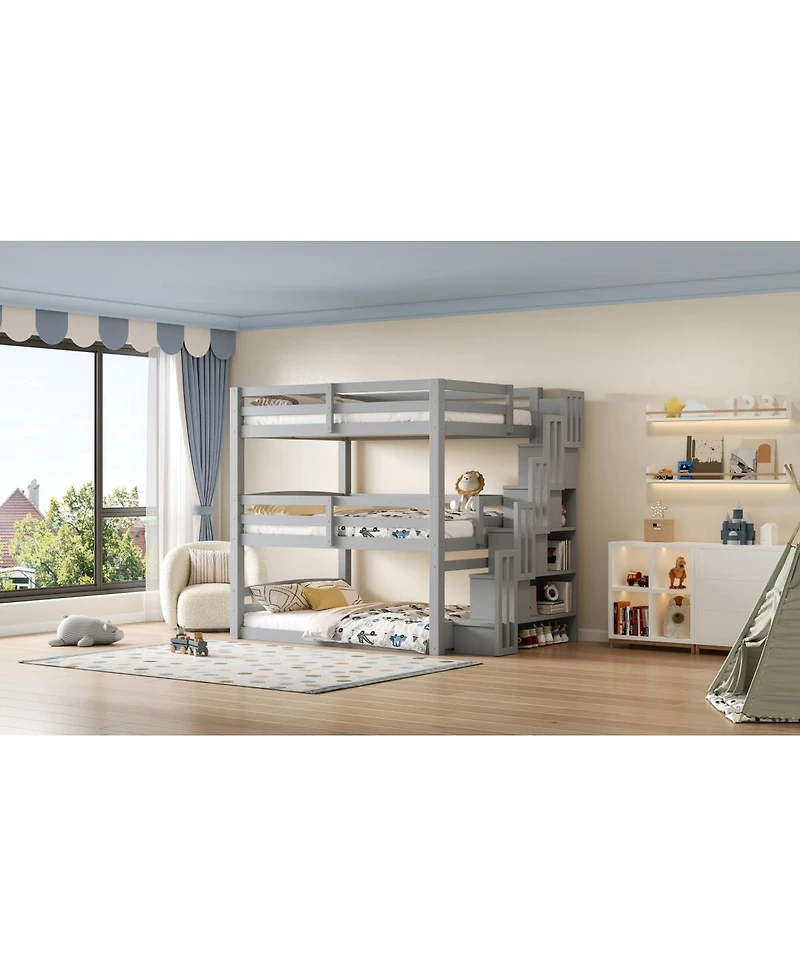 Streamdale Furniture Full Size Triple Bunk Bed with Storage Staircase, Separate Design