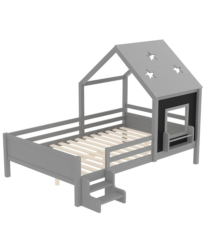 Streamdale Furniture Full House Beds with Low-Profile Stairs, Window, Bookcase, Blackboard, Star Roof, Gray