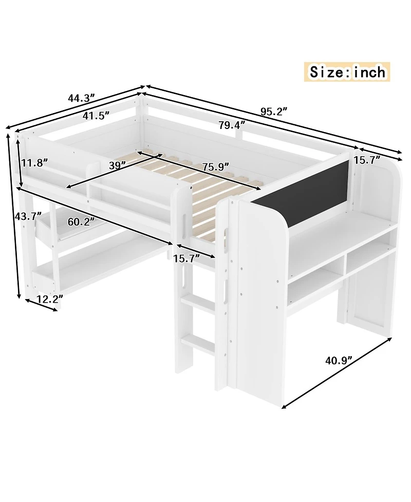 Streamdale Furniture Twin Loft Bed with Storage, Desk & Blackboard, White