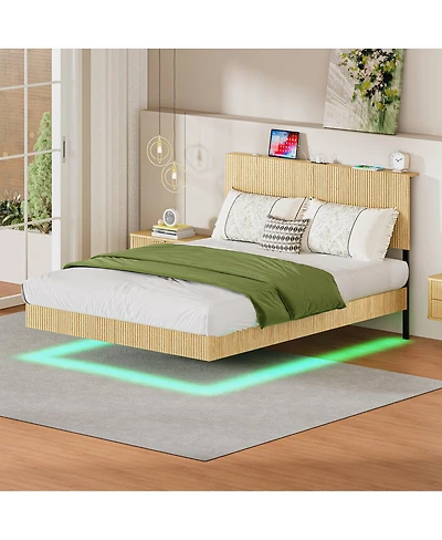 Streamdale Furniture Oak Queen Floating Bed with Charging Station & Led Lights
