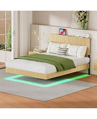 Streamdale Furniture Oak Queen Floating Bed with Charging Station & Led Lights