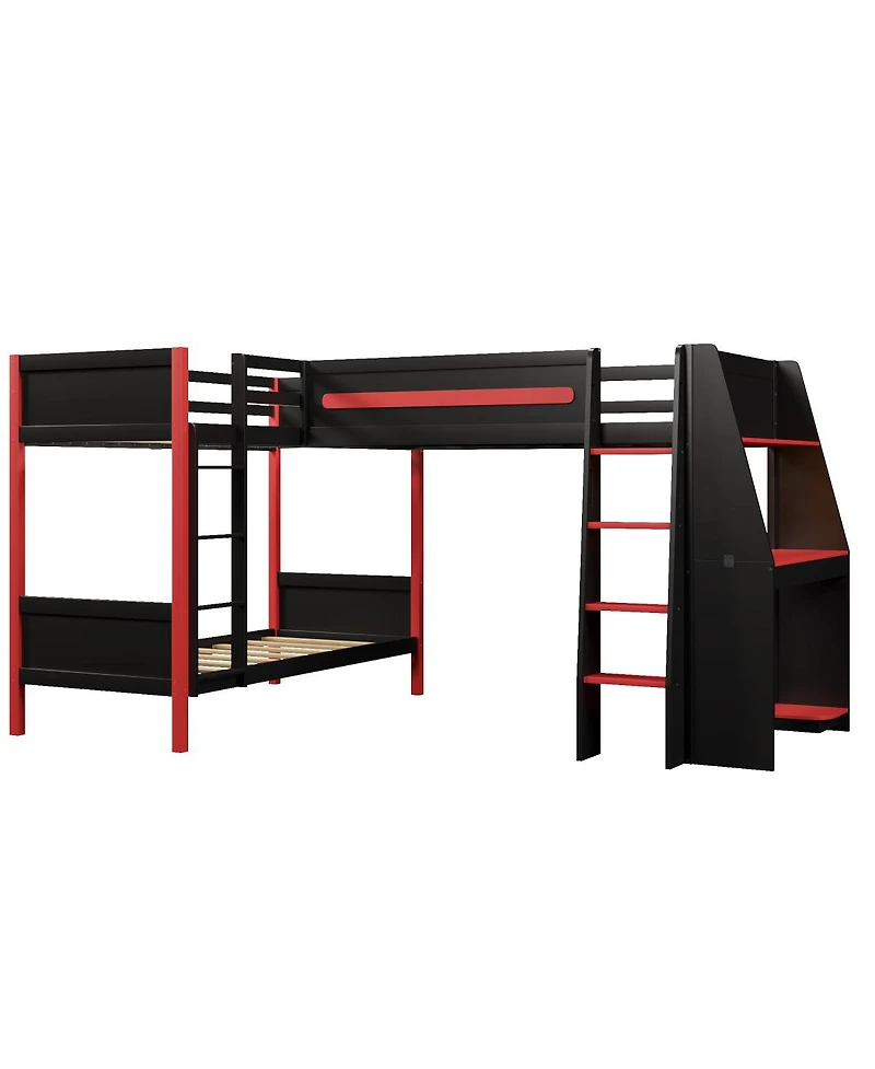 Streamdale Furniture L-Shaped Gaming Loft Bunk Bed with Desk, Shelves & Led