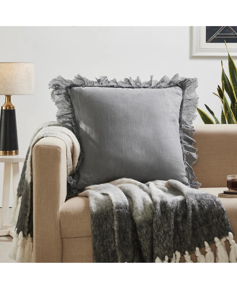 Ihi Home Pure Linen Decorative Pillow Cover with Ruffled Fringe, 22" x