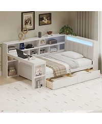 Streamdale Furniture Twin L-shaped Wooden Daybed with Desk & Storage Bookcase, White