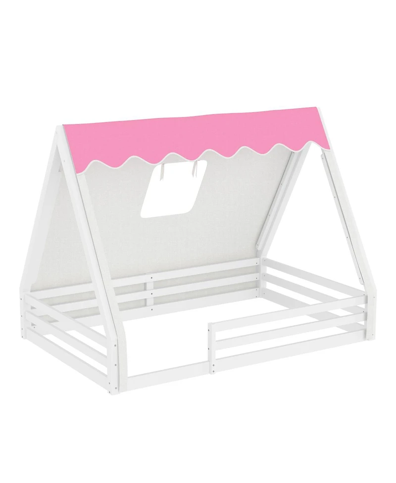 Streamdale Furniture Full Size House Floor Bed with Tent and Light, Solid Wood Teepee Design