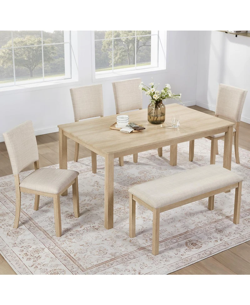 Streamdale Furniture 6 Piece Dining Table Set with Bench, Wooden Kitchen Table & 4 Upholstered Chairs