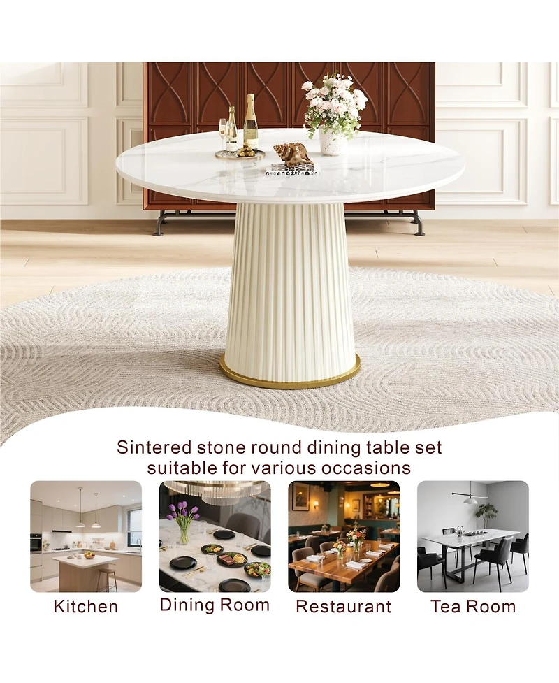 Streamdale Furniture Modern 43.3" Round Dining Table, Glossy Sintered Stone Top, Pu Leather Pedestal
