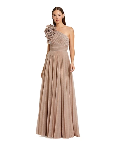 Mac Duggal Petite Pleated Metallic One Shoulder Gown With Ruffle