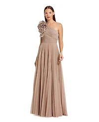 Mac Duggal Petite Pleated Metallic One Shoulder Gown With Ruffle