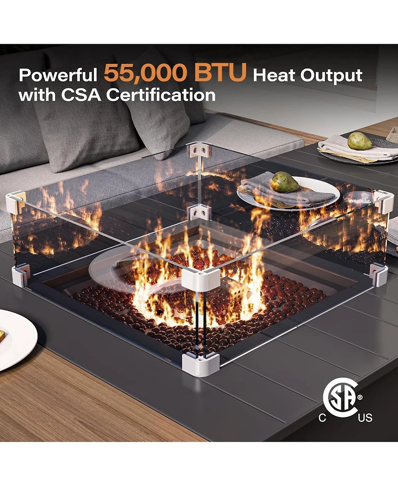 Decksplore Propane Fire Pit Table 64 Inch with Lid, 55, 000 Btu Gas Fire Pits for Outside Patio with Glass Wind Guard, Gray Glass Beads