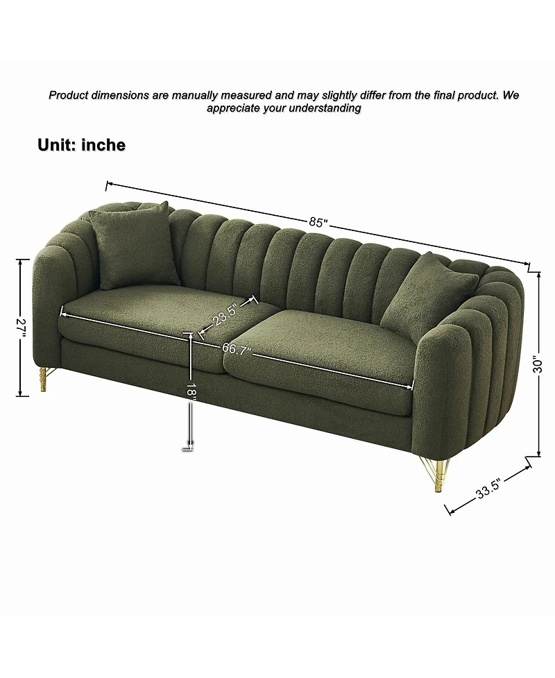 Streamdale Furniture Green Chenille Oversized Tufted Sofa with Gold Metal Legs