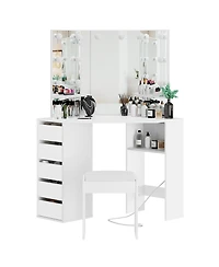 gaomon Corner Vanity and Stool, Desk with Mirror Lights, Makeup Power Outlet