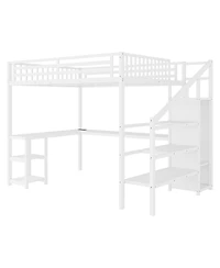 Streamdale Furniture Metal Queen Loft Bed with Wardrobe, Led Light & L-Shaped Desk