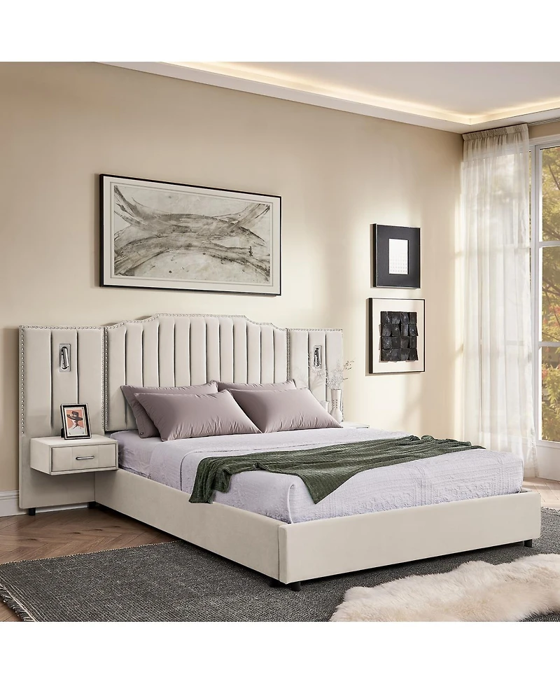 Streamdale Furniture Queen Size Velvet Upholstered Bed Frame with Vertical Stripes