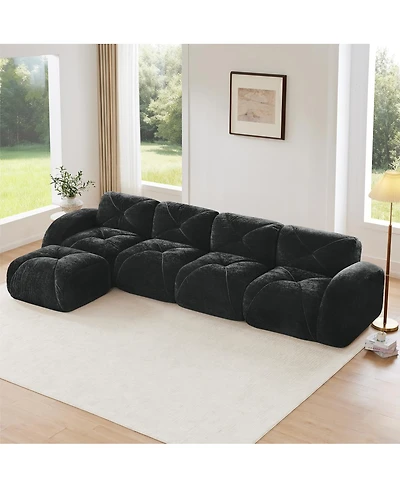 Streamdale Furniture L-shaped Velvet Tufted Sofa with Movable Ottoman