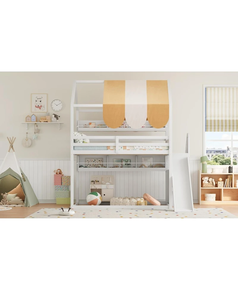 Streamdale Furniture Full house Bed with Canopy, Slide & Built-In Bookshelves