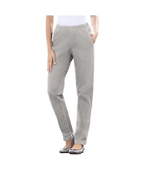 Woman Within Petite Straight Leg Fineline Pull-On Stretch Denim Jeans