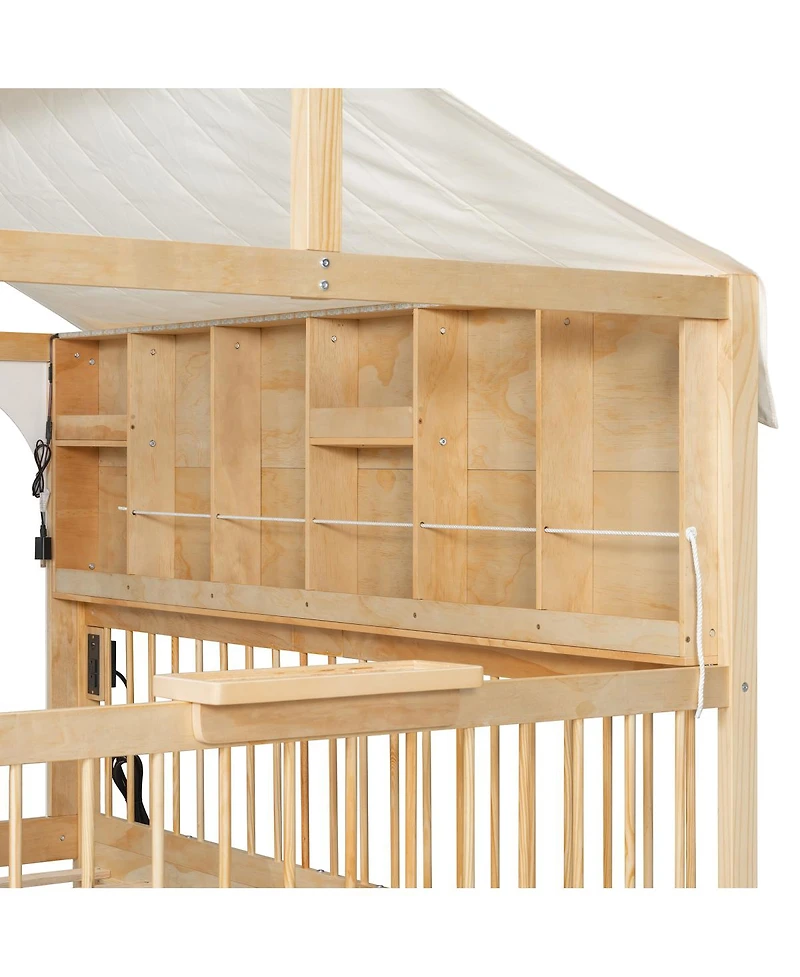 Streamdale Furniture Full Size House Bed with 2 Large Drawers, Side Bookshelf with Led Strip, Natural