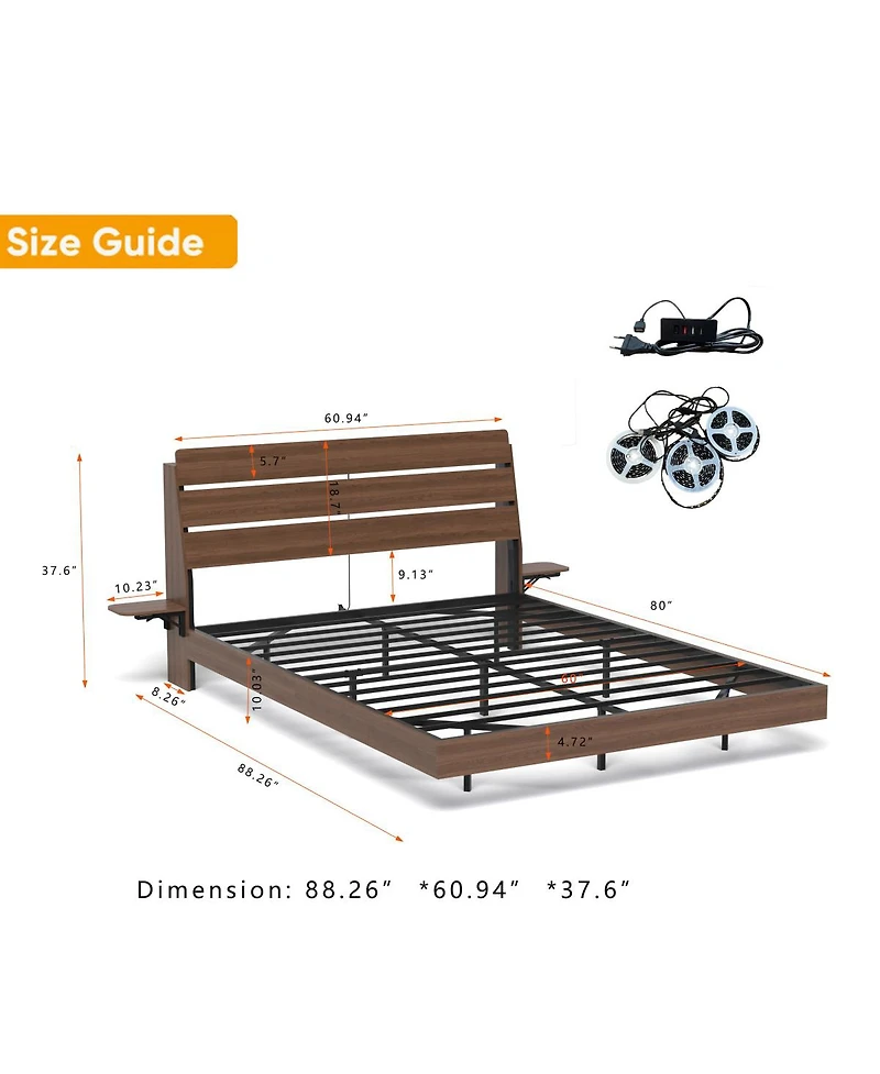 Streamdale Furniture Floating Bed Frame Queen w/ Led Lights & Charging Station