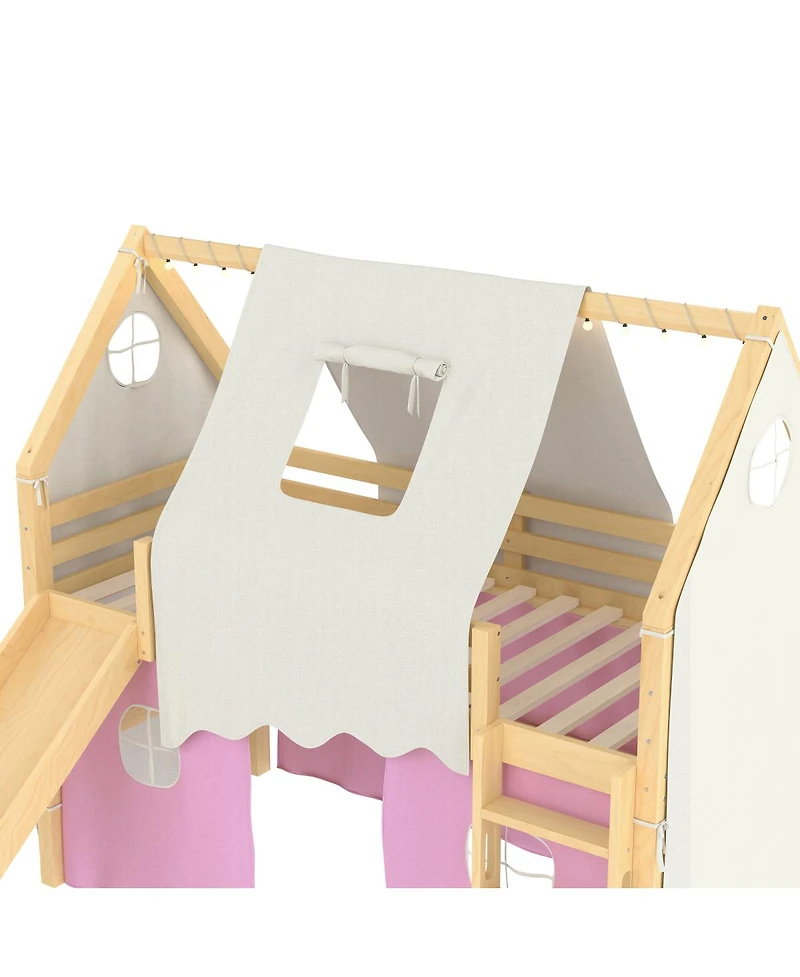 Streamdale Furniture Twin Size House Loft Bed with Slide, Lights, and Tents