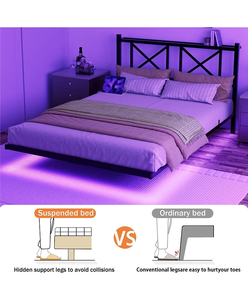 Streamdale Furniture Queen Size Floating Bed Frame with Headboard & Storage, Usb/Led
