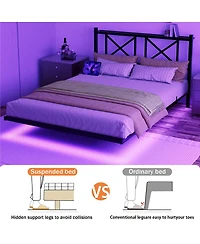 Streamdale Furniture Queen Size Floating Bed Frame with Headboard & Storage, Usb/Led