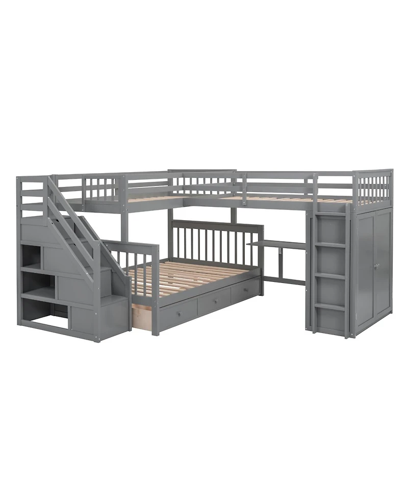 Streamdale Furniture Twin over Full L-Shaped Bunk Bed with Drawers, Desk, Wardrobe