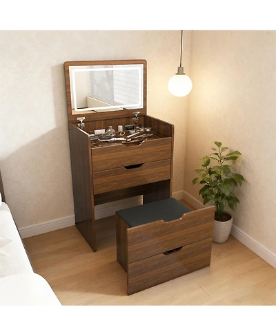Streamdale Furniture Streamdale 3-in-1 Vanity Desk with Lighted Mirror & Stool, Flip Top Makeup Dressing Table (Walnut
