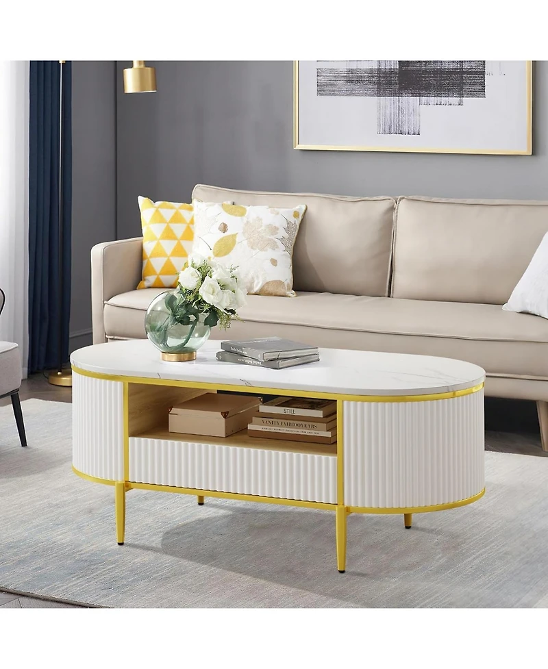 gaomon Modern Fluted Coffee Table, 48" Modern Oval Coffee Table with Drawer, Faux Marble Top, Curved Profile Center Table with Storage