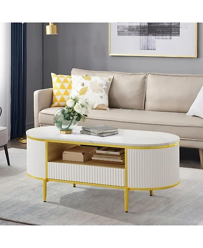 gaomon Modern Fluted Coffee Table, 48" Modern Oval Coffee Table with Drawer, Faux Marble Top, Curved Profile Center Table with Storage