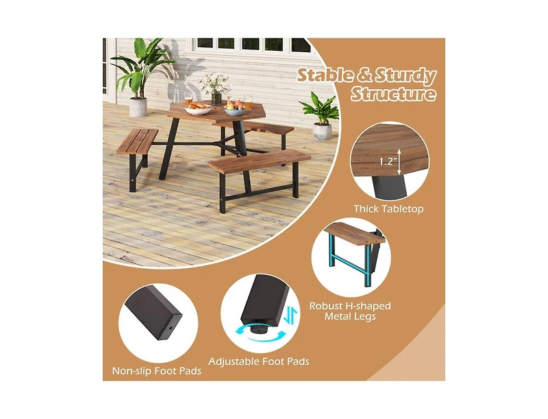 Slickblue Acacia Wood Picnic Table Set for 6 with Bench Seating