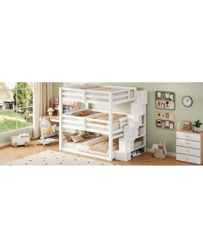Streamdale Furniture Full Size Triple Bunk Bed with Storage Staircase, Separate Design