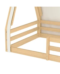 Streamdale Furniture Twin Size House Floor Bed with Tent and Light, Solid Wood Teepee Design