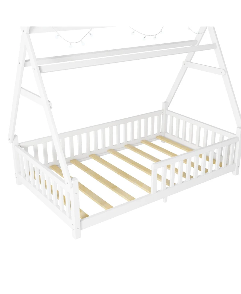 Streamdale Furniture Twin House Bed with Light, Low Floor House Bed with Fence and Roof