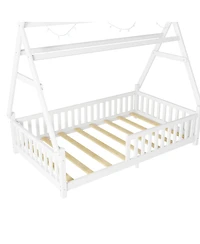 Streamdale Furniture Twin House Bed with Light, Low Floor House Bed with Fence and Roof