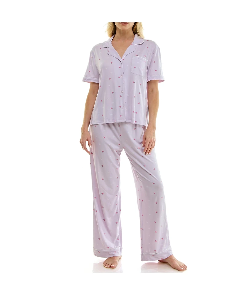 Roudelain Women's Short-Sleeve Shirt and Pants, 2-Piece Pajama Set