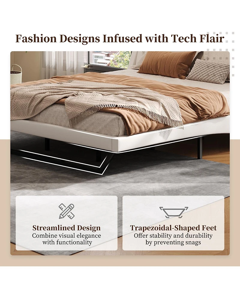Streamdale Furniture Queen Size White Pu Leather Upholstered Platform Bed Frame, No Box Spring Needed