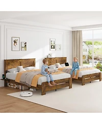 Streamdale Furniture Farmhouse King Bed Frame w/ Storage Shelf, Led Lights & Charging Station