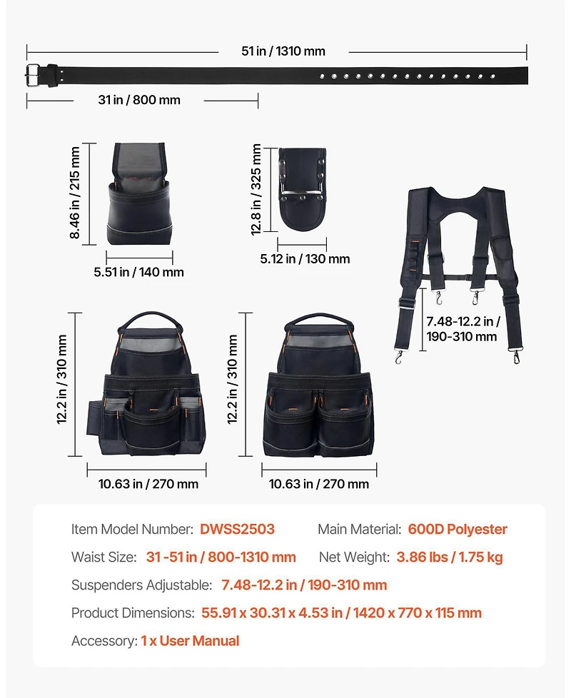 Mecale Tool Belt with Suspenders, 19 Pockets Heavy-Duty Tool Pouch, Adjustable Waist 31–51 in, Detachable Suspension Rig