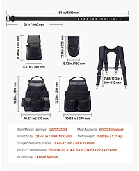 Mecale Tool Belt with Suspenders, 19 Pockets Heavy-Duty Tool Pouch, Adjustable Waist 31–51 in, Detachable Suspension Rig