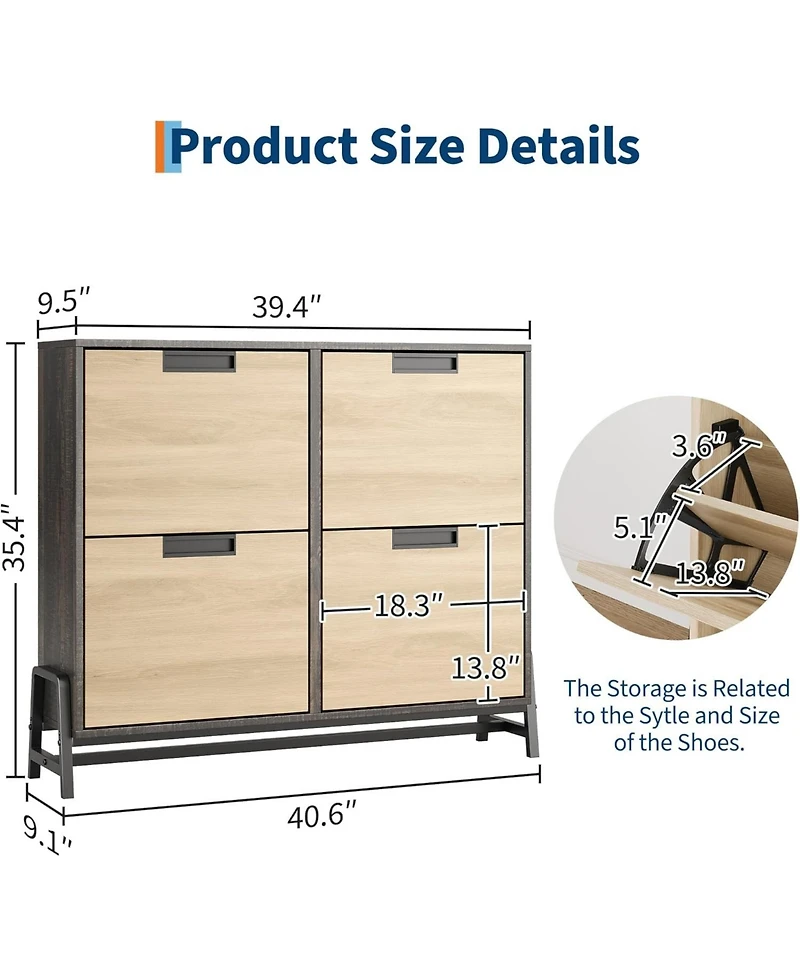 gaomon Cabinet Storage with 4 Flip Drawers, Freestanding Narrow Shoe Storage Organizer with 3-Tier Adjustable Shelves for Entryway