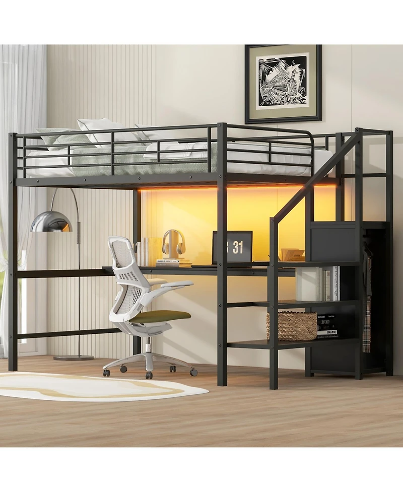 Streamdale Furniture Metal Loft Bed with Desk, Storage Staircase & Wardrobe