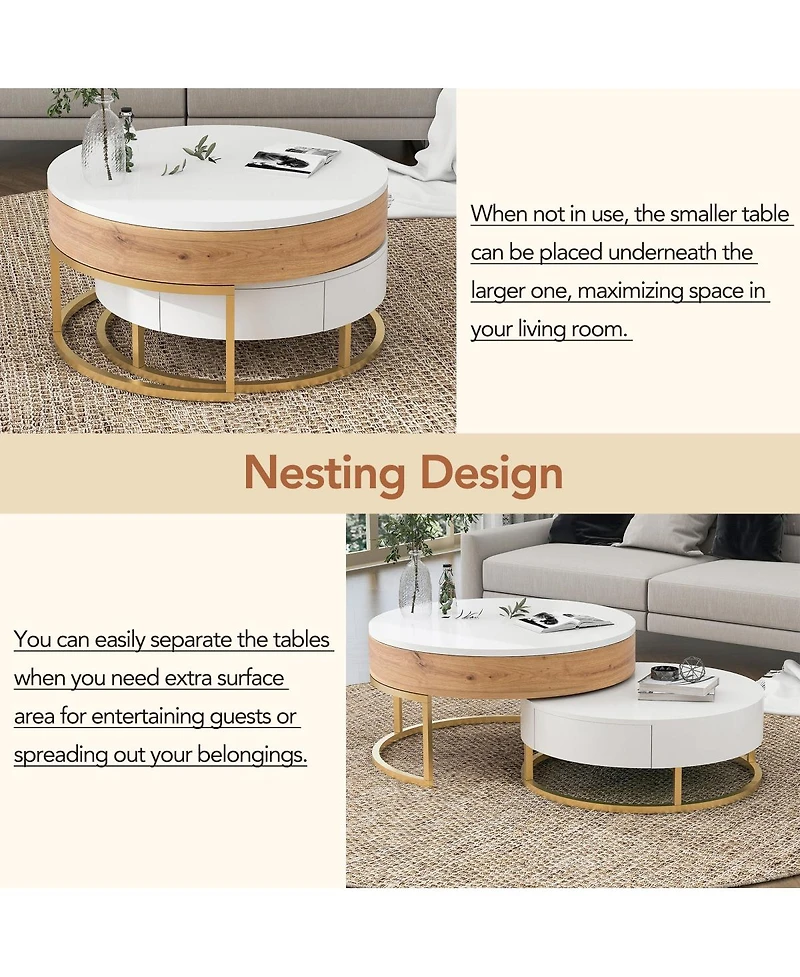 Streamdale Furniture Modern Round Lift-top Nesting Coffee Tables with 2 Drawers