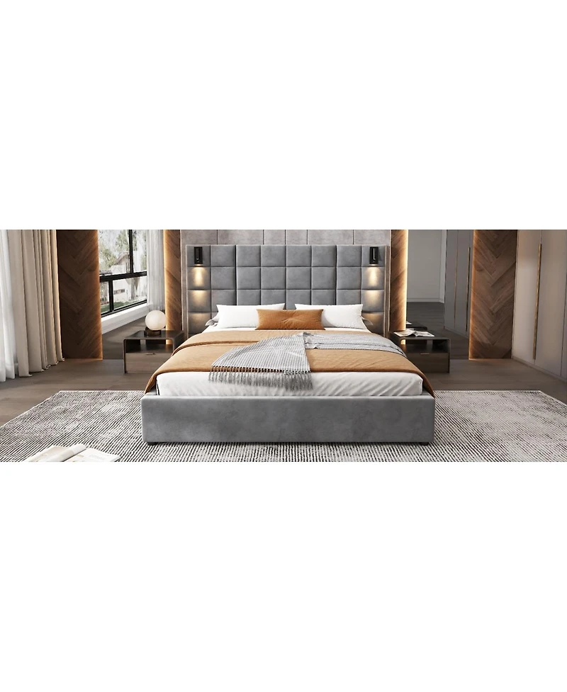 Streamdale Furniture Queen Size Velvet Upholstered Bed Frame with Usb Port